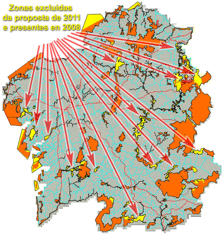 Ampliación da Rede Natura 2000 suxerida en 2011 (laranxa) e espazos que figuraban na proposta de 2008 (amarelo). Fonte: ADEGA. 